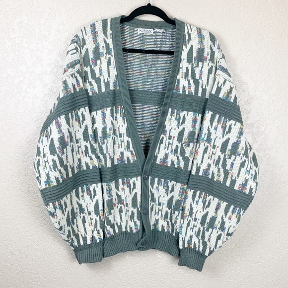 Vintage Sweaters - Vintage green multi colored grandpa cardigan